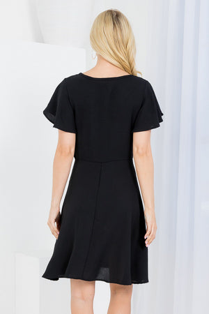 Short flutter sleeve zipper on the side fit and flare woven dress in black color