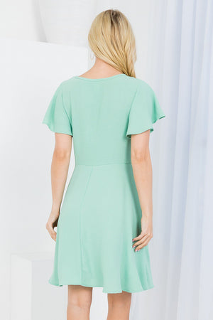 Short flutter sleeve zipper on the side fit and flare woven dress in sage color