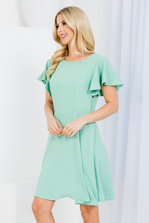 Short flutter sleeve zipper on the side fit and flare woven dress in sage color