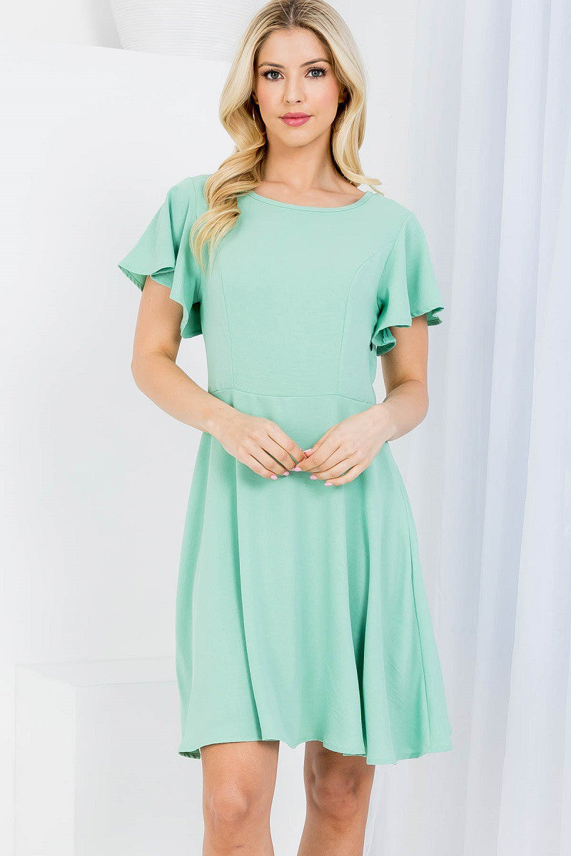 Short flutter sleeve zipper on the side fit and flare woven dress in sage color