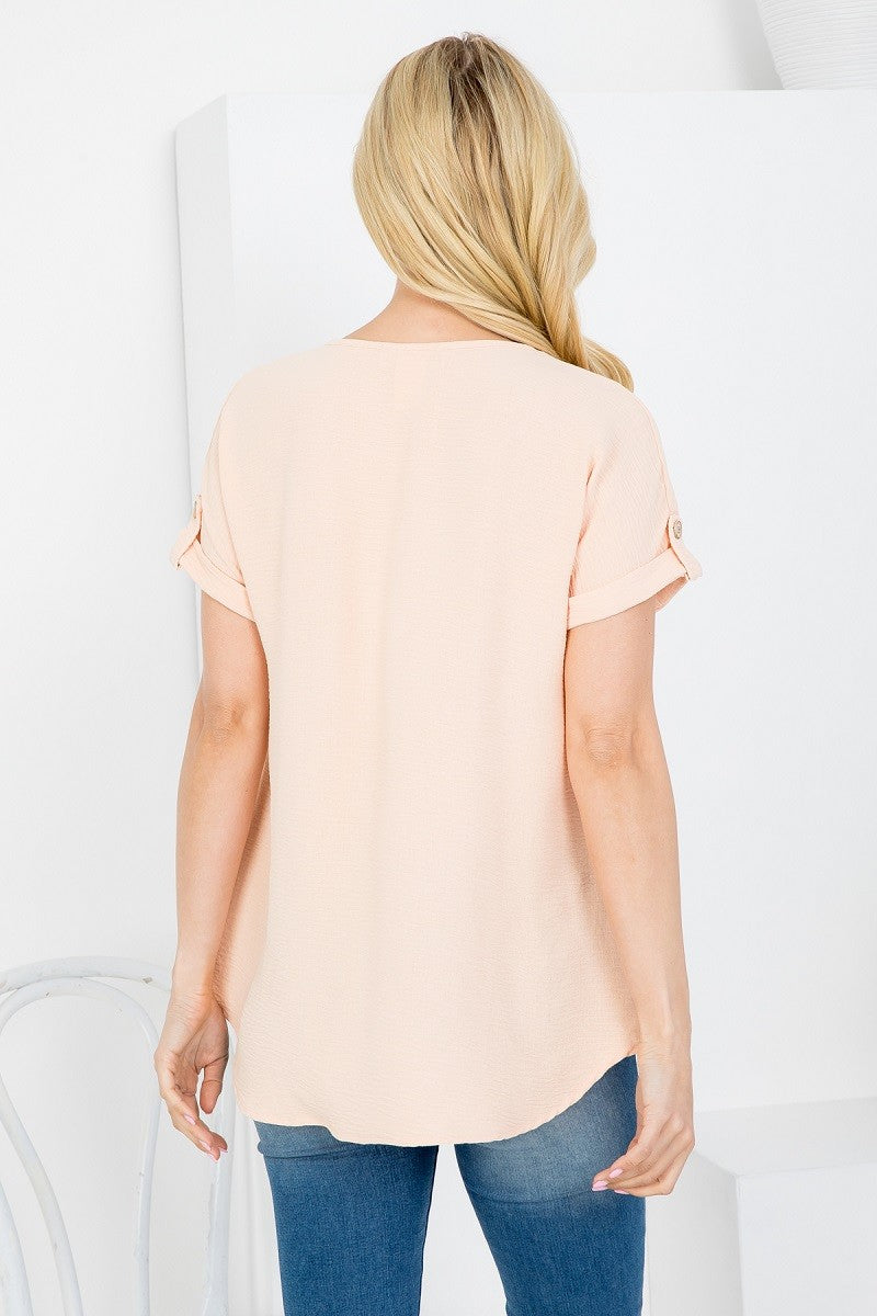 Summer casual notch neck cuff short sleeve blouse top peach color