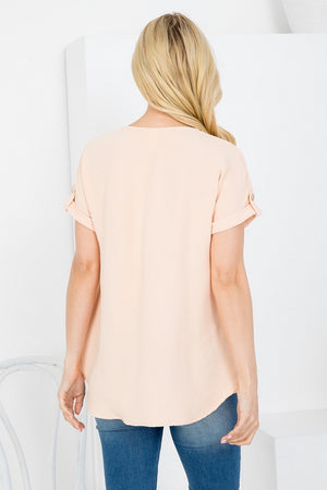 Summer casual notch neck cuff short sleeve blouse top peach color