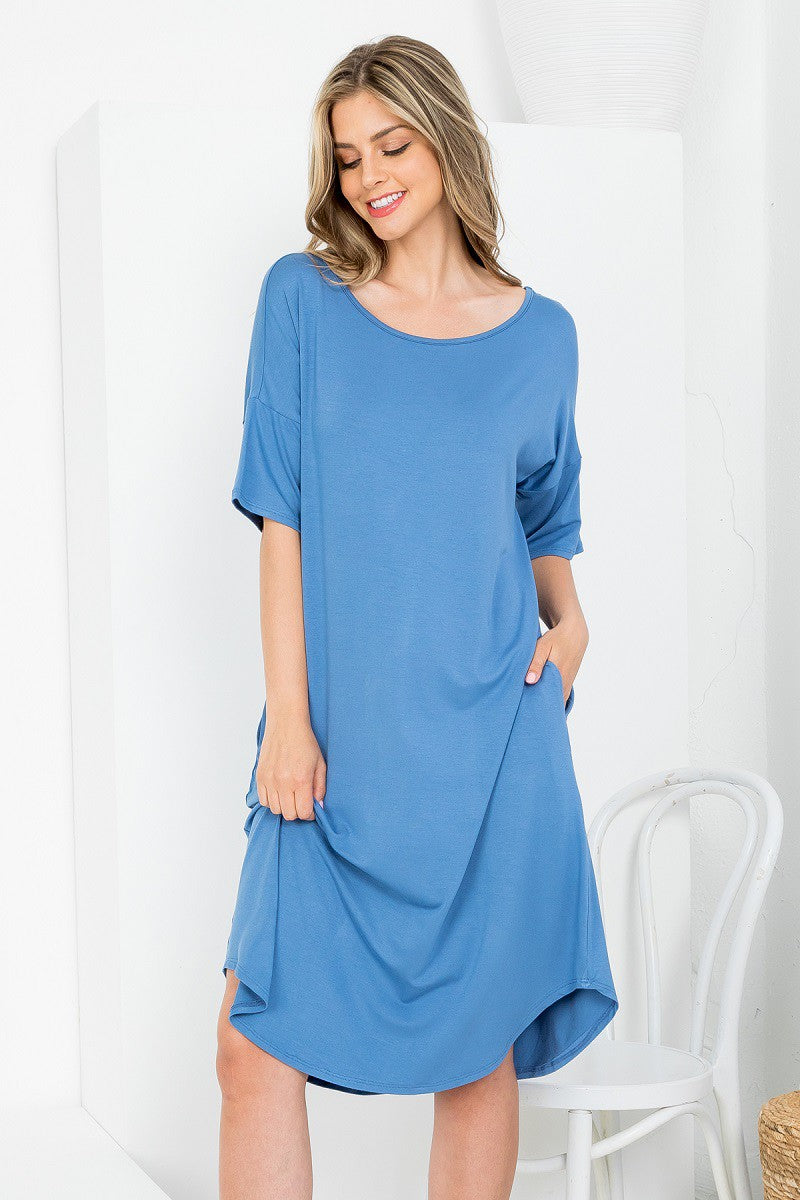 Boat neck dolman style dress with pockets casual loungewear blue color