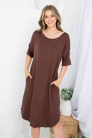 Boat neck dolman style dress with pockets casual loungewear brown