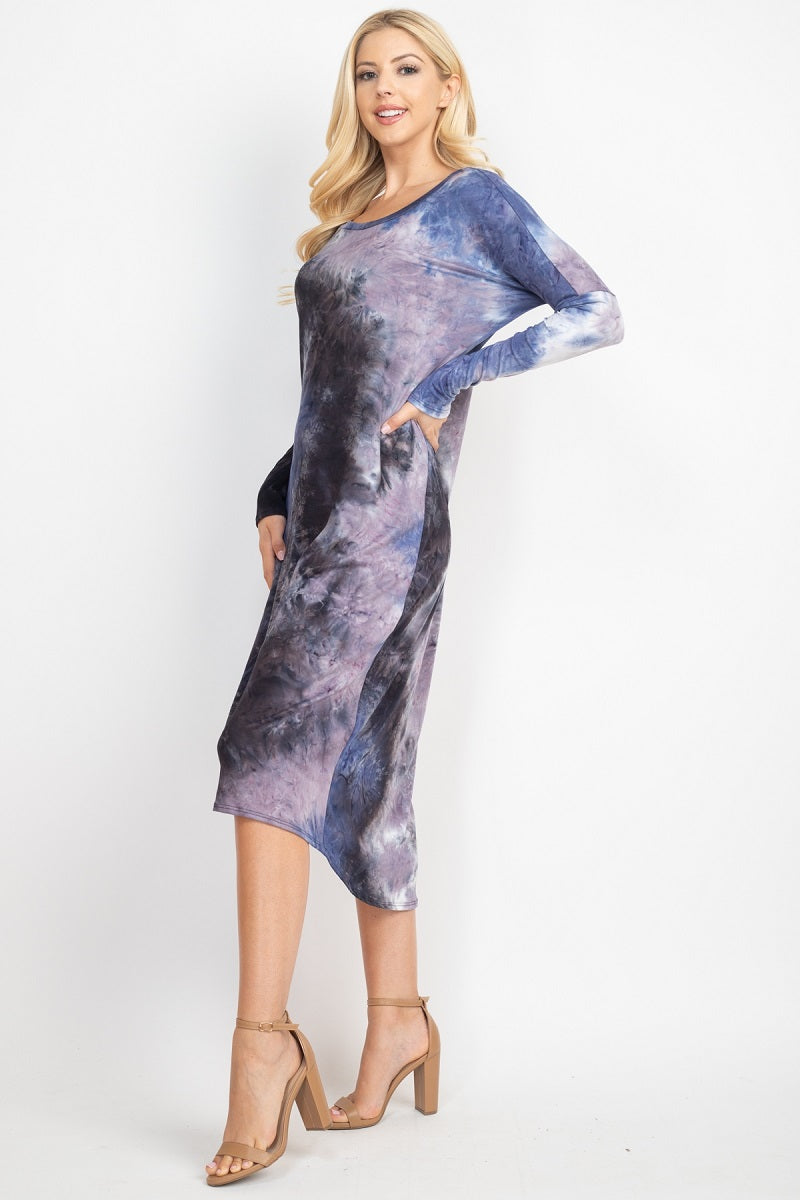 Long Sleeve round neck tie dye charcoal dress