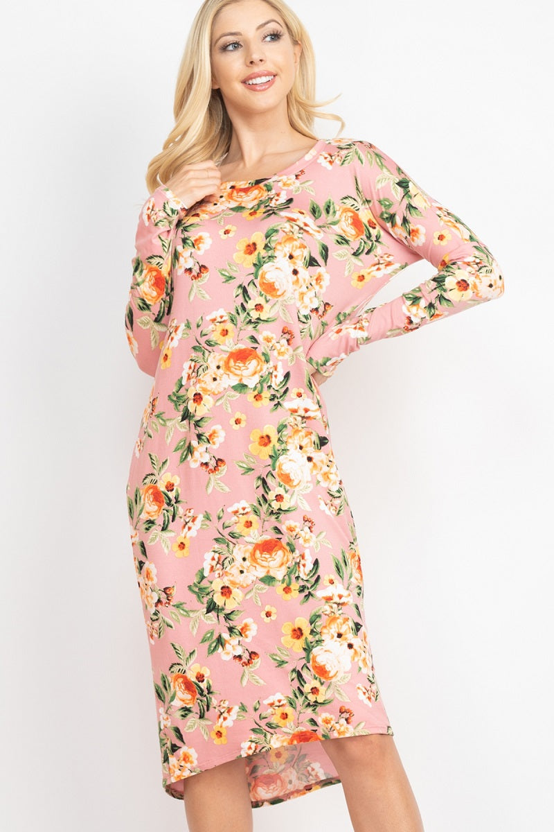 Long Sleeve round neck floral print dress