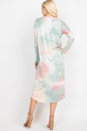 Long Sleeve round neck tie dye mauve dress