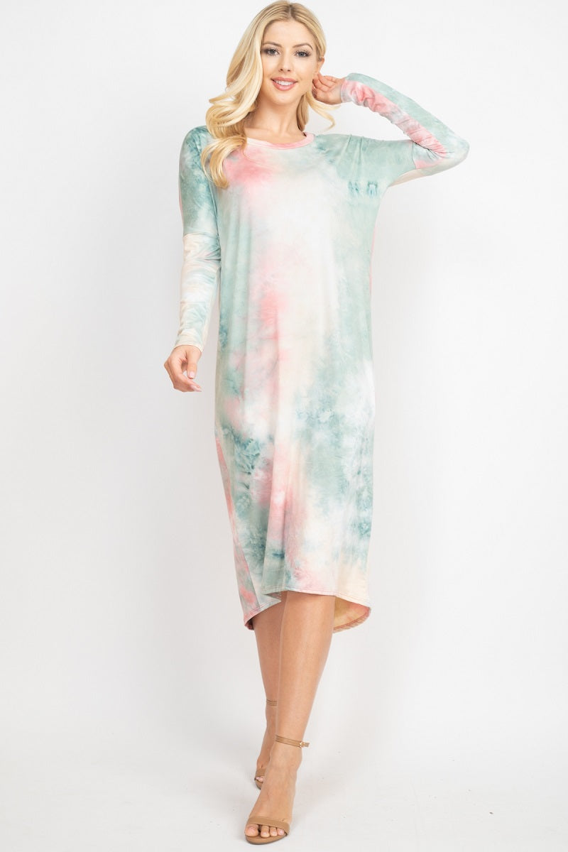 Long Sleeve round neck tie dye mauve dress