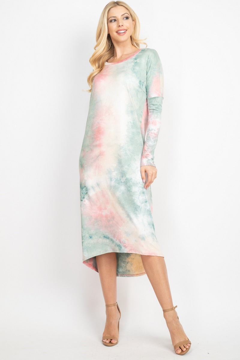 Long Sleeve round neck tie dye mauve dress