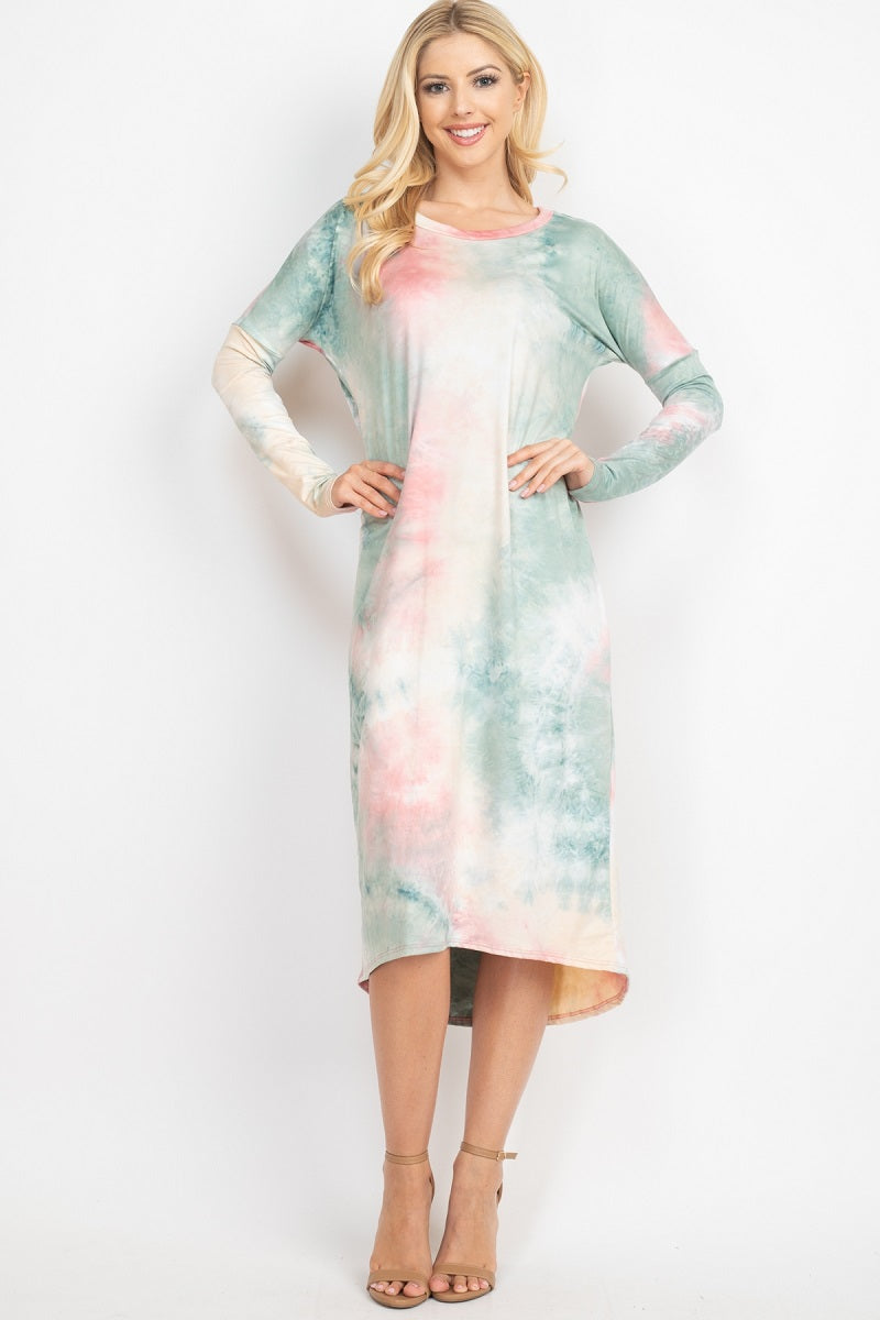 Long Sleeve round neck tie dye mauve dress