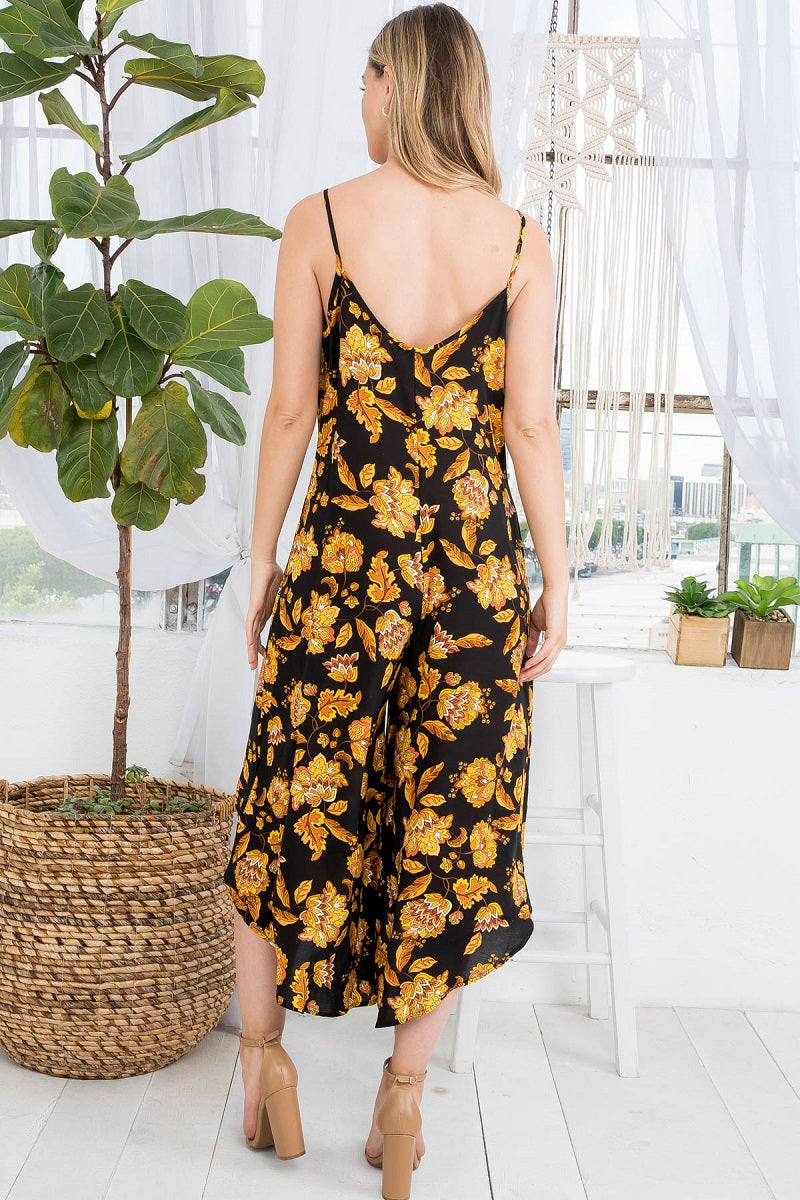 Tie front floral print wide leg jumpsuit