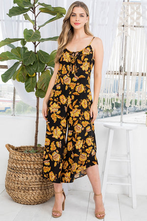 Tie front floral print wide leg jumpsuit