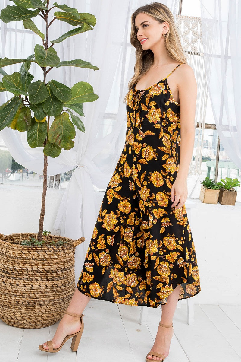 Tie front floral print wide leg jumpsuit