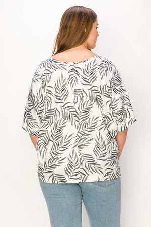 Plus size V neck dolman leaf print ivory top