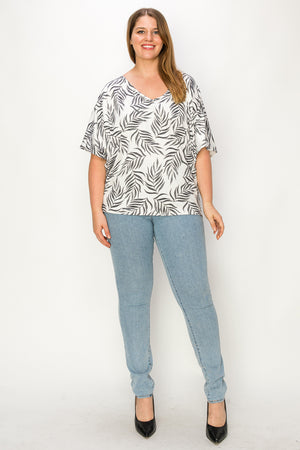 Plus size V neck dolman leaf print ivory top