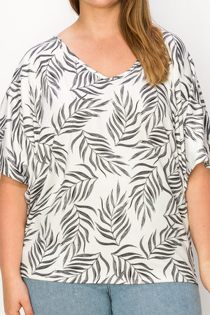 Plus size V neck dolman leaf print ivory top