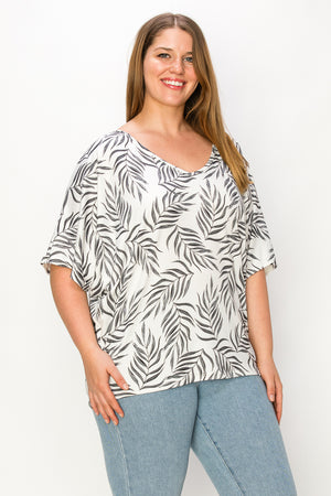 Plus size V neck dolman leaf print ivory top