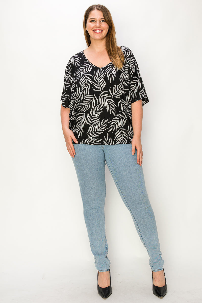 Plus size V neck dolman leaf print plus size