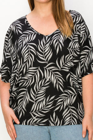 Plus size V neck dolman leaf print plus size