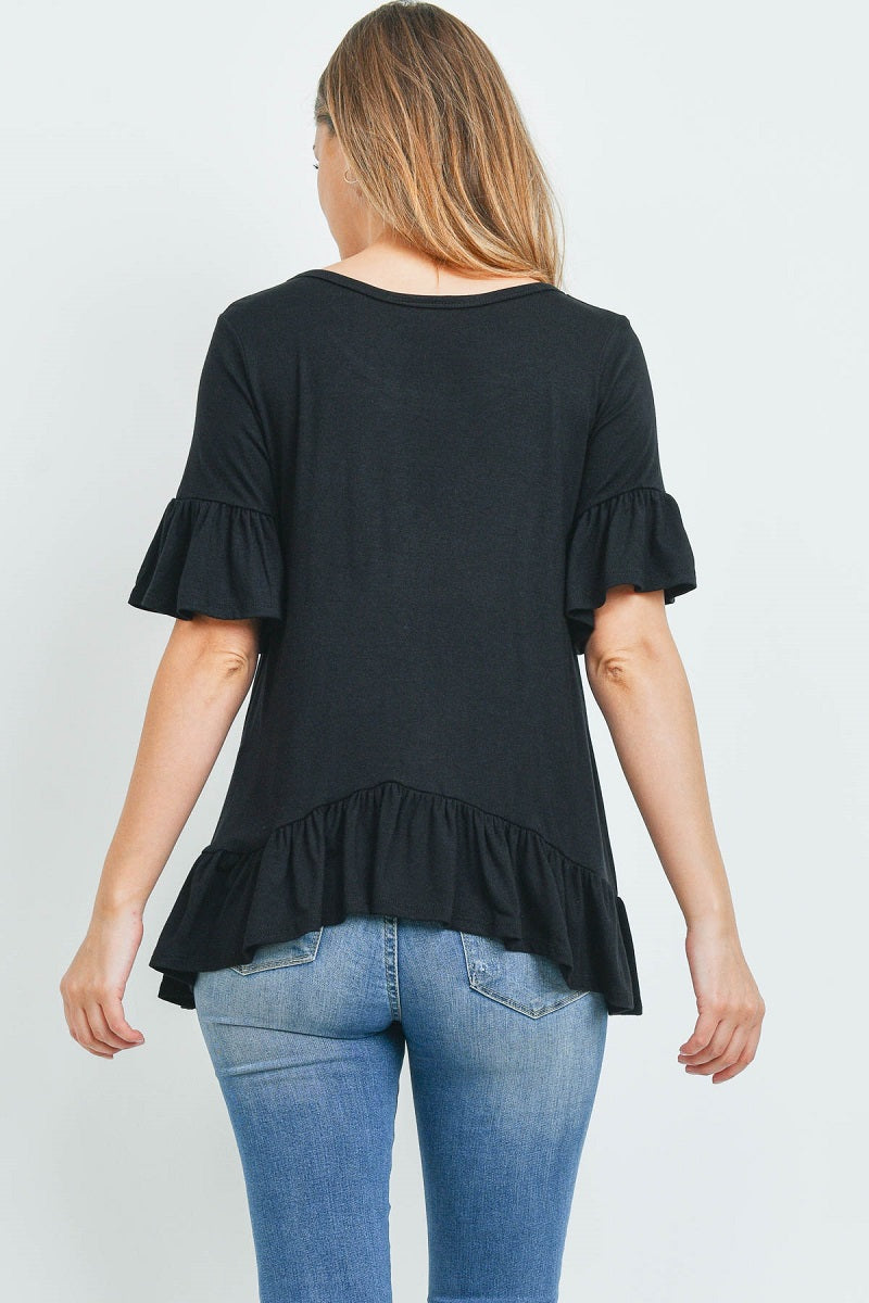 Ruffle short sleeve round neck loose fit casual top in black color