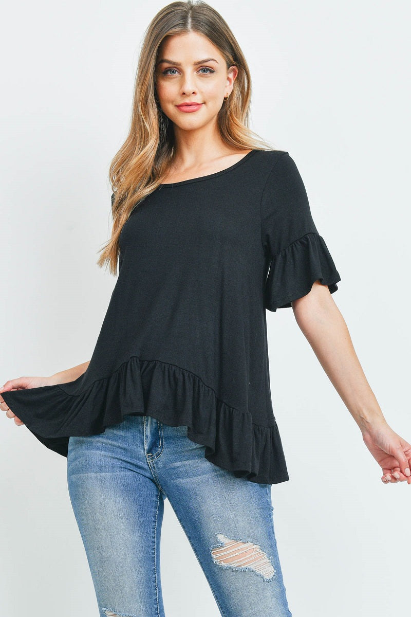 Ruffle short sleeve round neck loose fit casual top in black color