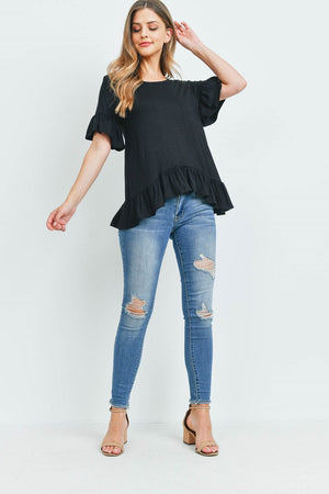 Ruffle short sleeve round neck loose fit casual top in black color