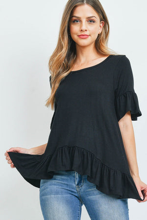 Ruffle short sleeve round neck loose fit casual top in black color