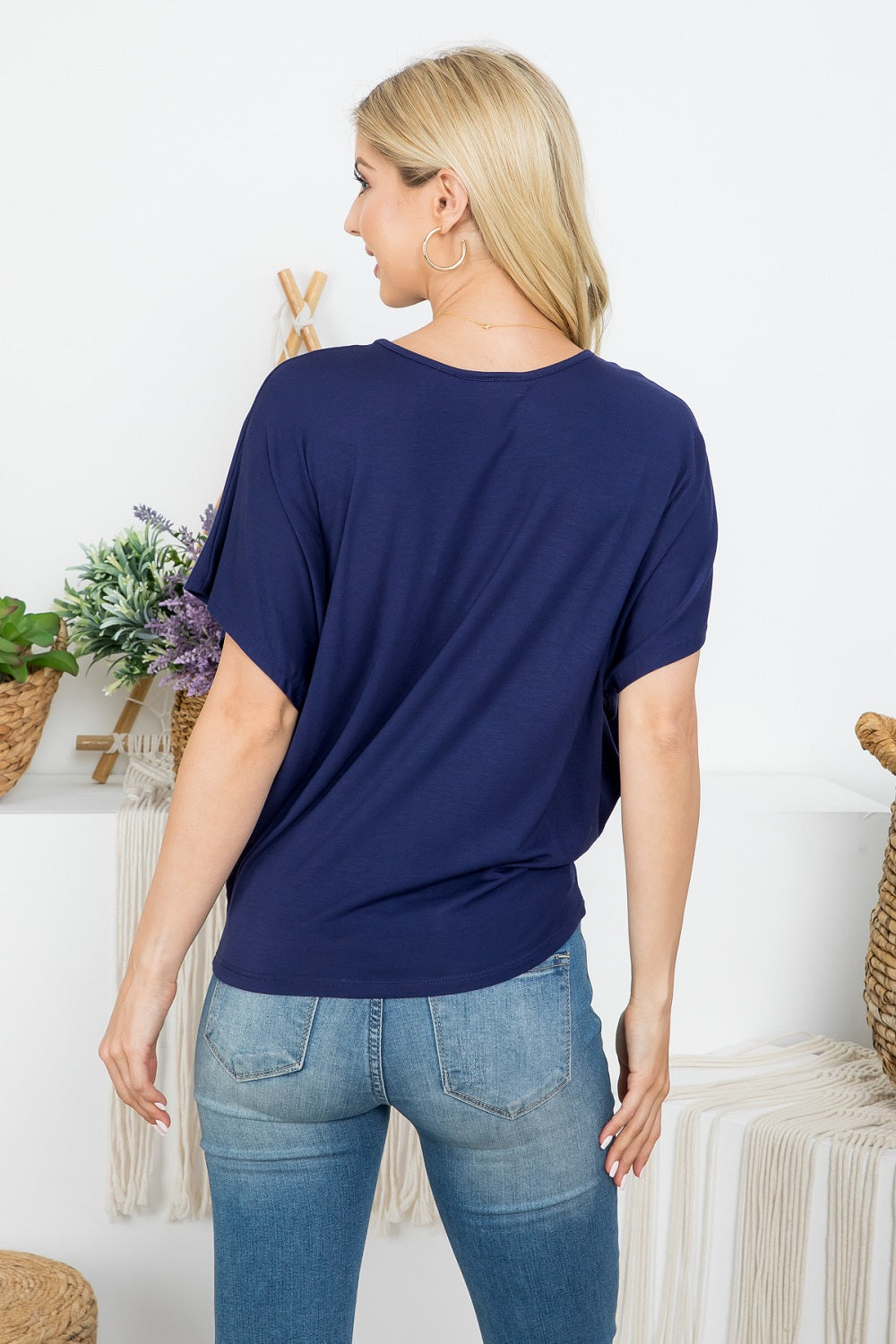 Short sleeve round neck dolman top Navy