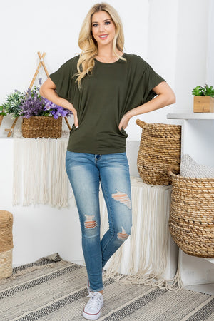 Short sleeve round neck dolman top olive