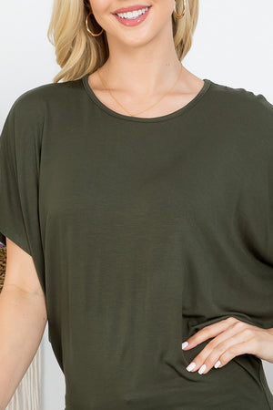Short sleeve round neck dolman top olive