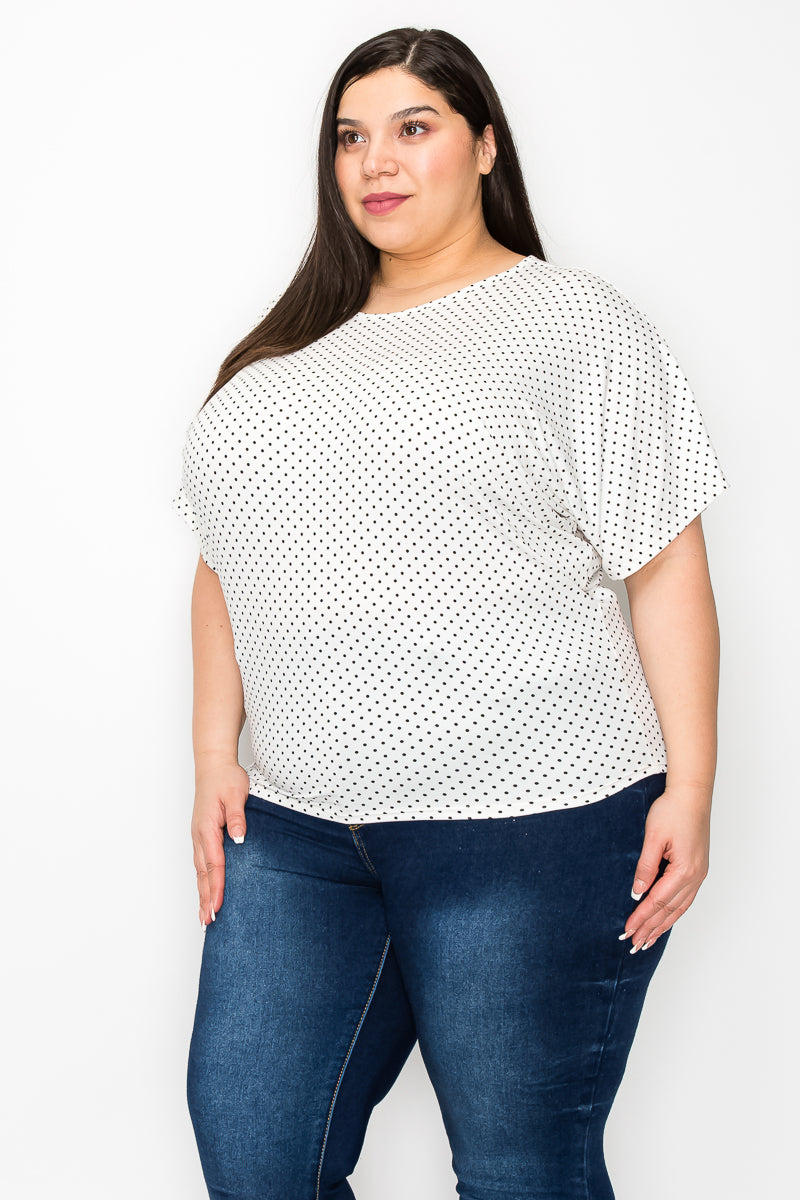 Plus Short sleeve crew neck dot print dolman top