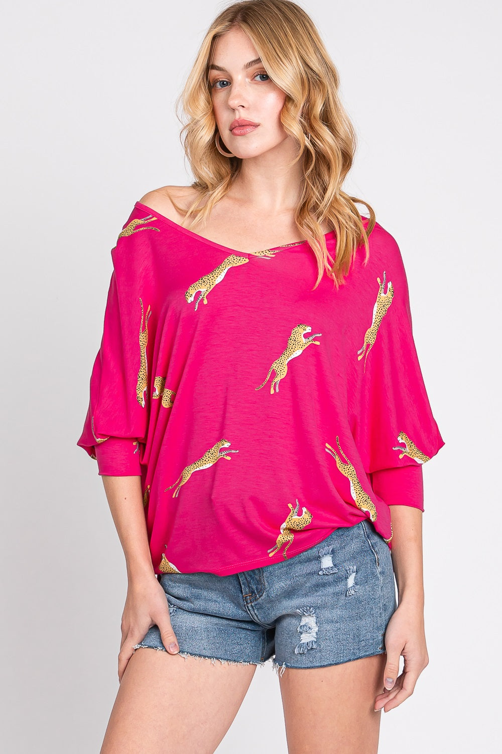 Long Sleeve v neck dolman cheetah fuchsia top