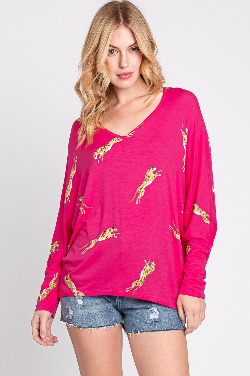 Long Sleeve v neck dolman cheetah fuchsia top