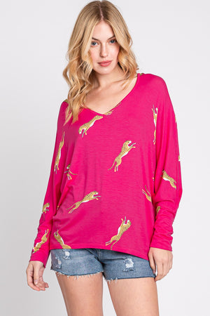 Long Sleeve v neck dolman cheetah fuchsia top