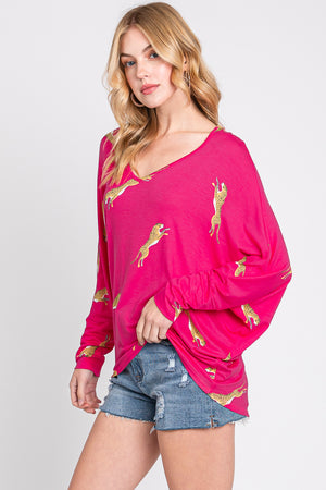 Long Sleeve v neck dolman cheetah fuchsia top