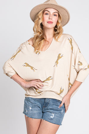 Long Sleeve v neck dolman cheetah taupe top