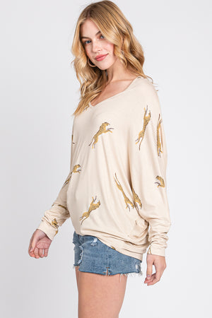 Long Sleeve v neck dolman cheetah taupe top