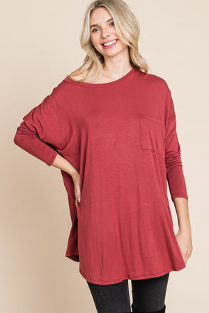 Round neck pocket front dolman terracota top