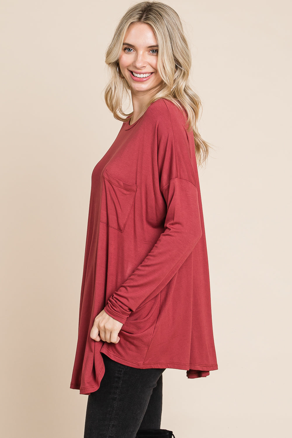 Round neck pocket front dolman terracota top