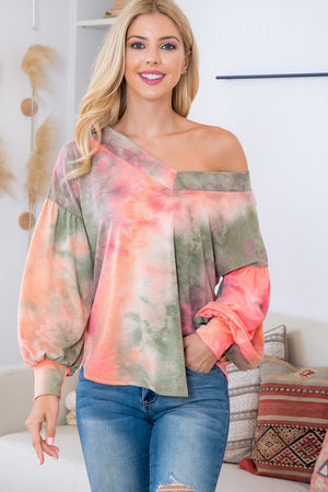 Long Bubble Sleeve v neck olive coral tie dye top