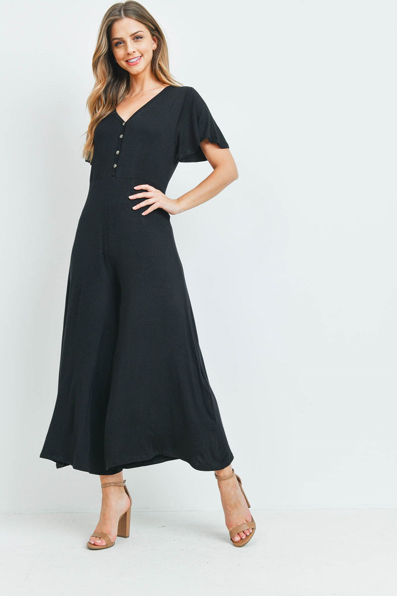 Short sleeve button down black jumpsuit