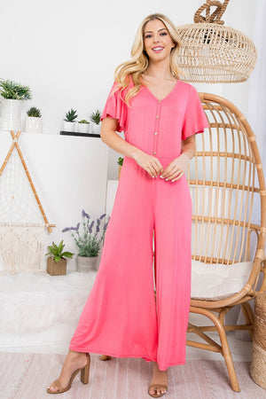 Short sleeve button down coral jumpsuit