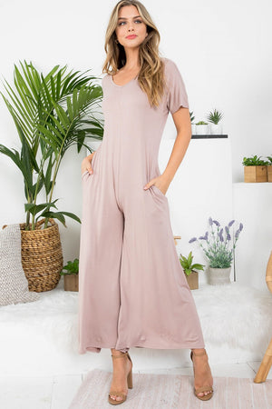 Copy of v neck taupe jumpsuit with pocket