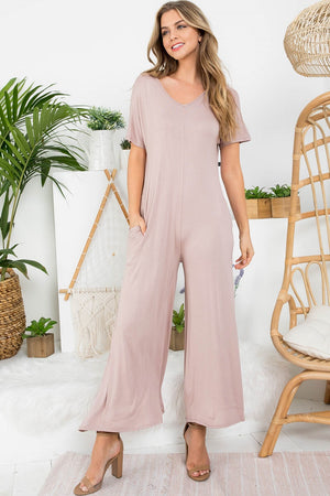 Copy of v neck taupe jumpsuit with pocket