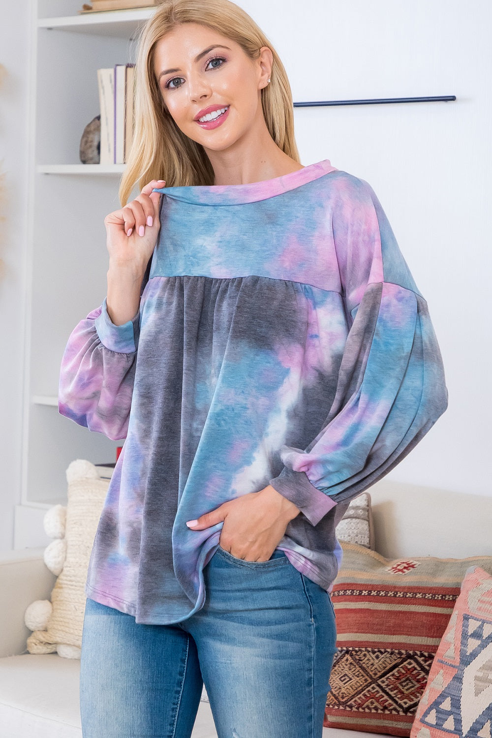 3/4 Sleeve tie dye charcoal French terry top