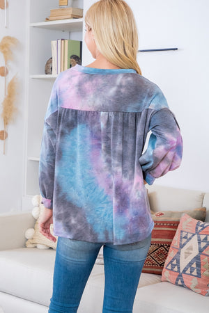 3/4 Sleeve tie dye charcoal French terry top