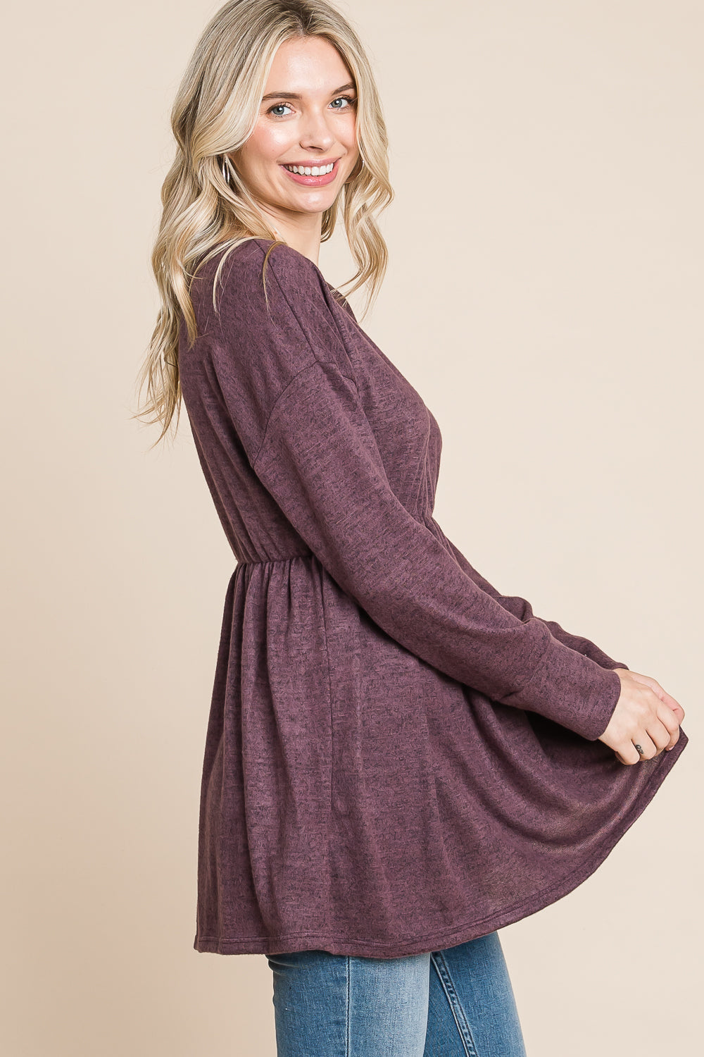 Long sleeve round neck empire waist plum top