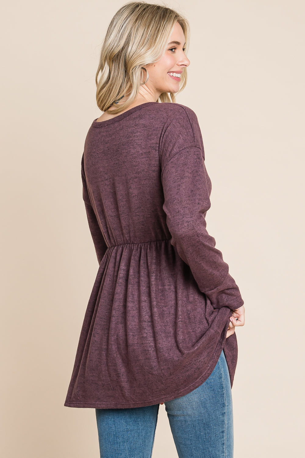 Long sleeve round neck empire waist plum top