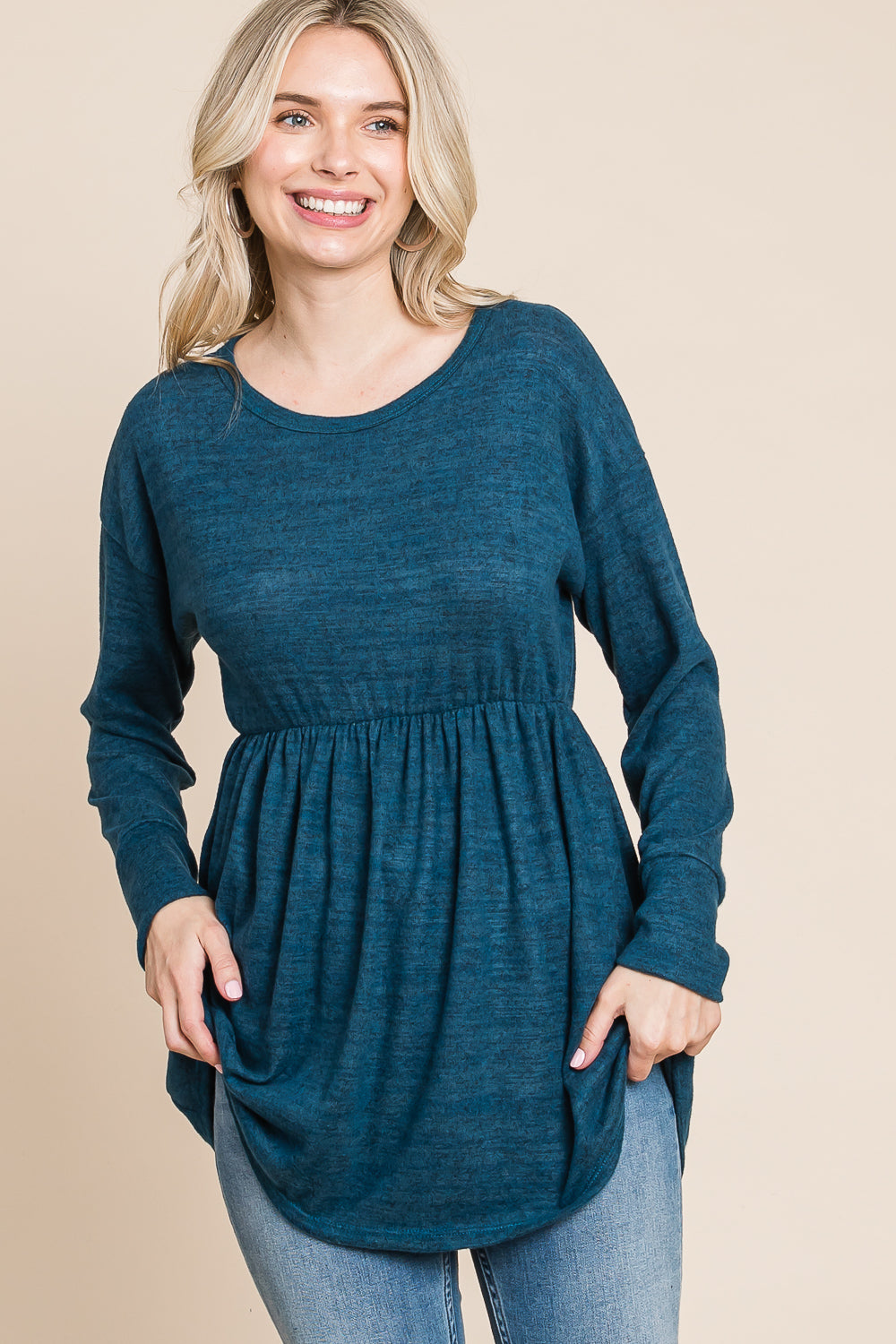 Long sleeve round neck empire waist teal top