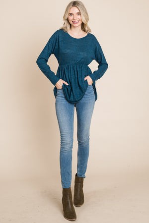 Long sleeve round neck empire waist teal top